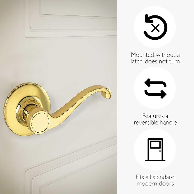 Design House Scroll One-Sided Non-Turning Dummy Door Lever, Polished Brass, Decorative Interior Door Handle for Closet, Pantry, and French Doors, Reversible Surface Mount Hardware, 775338 | Surface, Traditional, Brass, Hardware, 775338