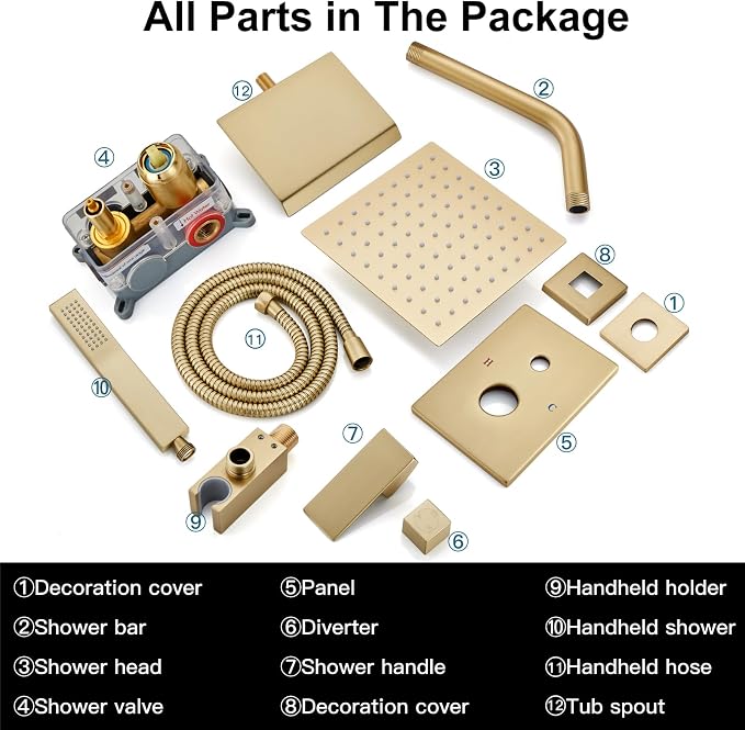 Midanya Shower System with Tub Spout,8 Inch Shower Head,Brushed Gold | with Valve & Trim Kit,Square Rain Head,Handheld Sprayer,Waterfall Spout,All Metal Wall Mount Bathroom Shower Tub Faucet Set