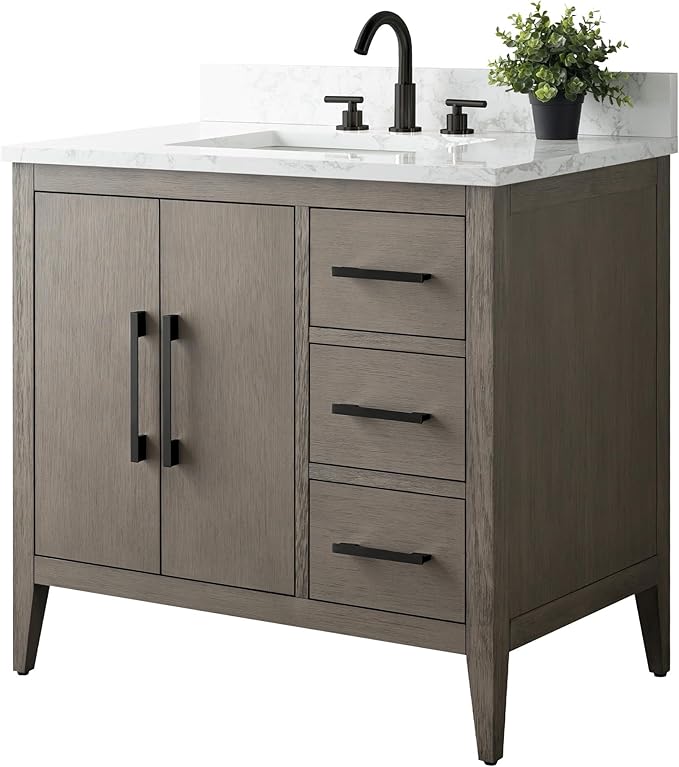 HomeBeyond 42 Inch Bathroom Vanity with Sink & Ceramic Top, Single Vanity Cabinet with Basin, Soft-Closing Door & Matts Black Hardware, Driftwood Gray
