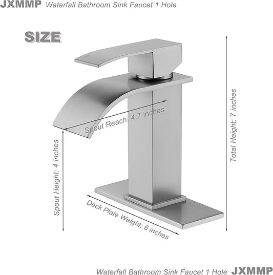 Waterfall Single Hole Bathroom Faucet, Single Handle Bathroom Sink Faucet Brushed Nickel with Pop Up Drain Assembly and Deck Plate for Sink 3 Hole Installation JXM122BN