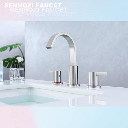Brushed Nickel Bathroom Faucets 3 Hole, 8 Inch Widespread Waterfall Bathroom Sink Faucet, 2 Handles Vanity Faucet with Pop-up Drain and Supply Hose SE-0018-BN