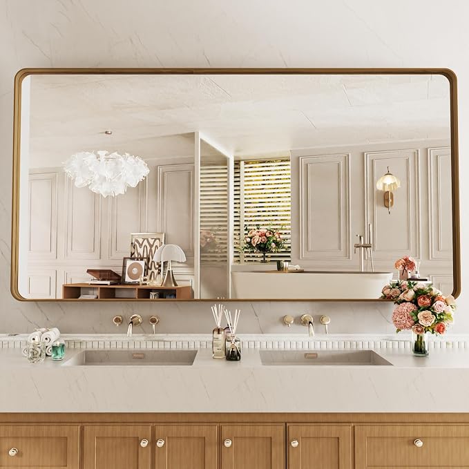 LOAAO 77X36 Inch Bathroom Mirror with Wood Grain Colored Metal Frame | Rounded Rectangle Metal Framed, Anti-Rust, Hangs Horizontally or Vertically, Tempered Glass