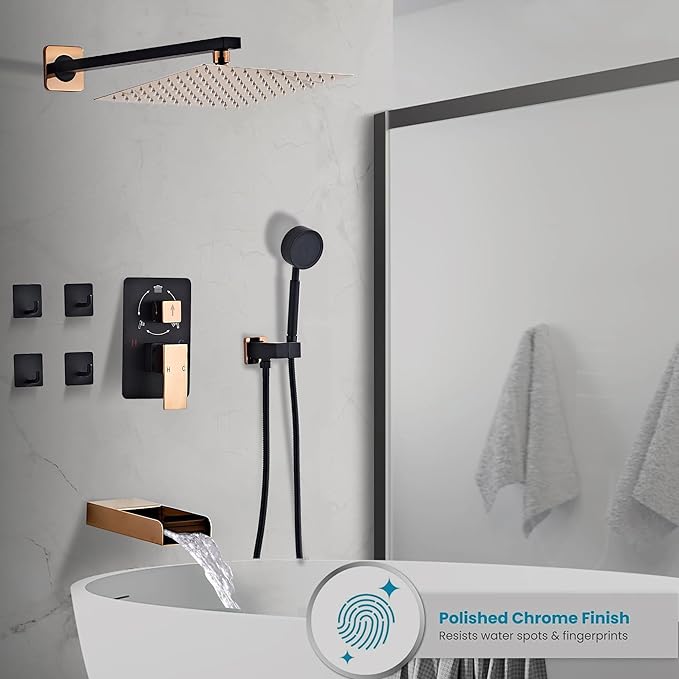 Black Gold Shower Tub Faucet Set, Wall Mounted 8 Inch Shower Heads | with Handheld Spray Combo and Tub Shower Faucet, Luxury Bathroom Square Rain Shower System - 4 Hooks