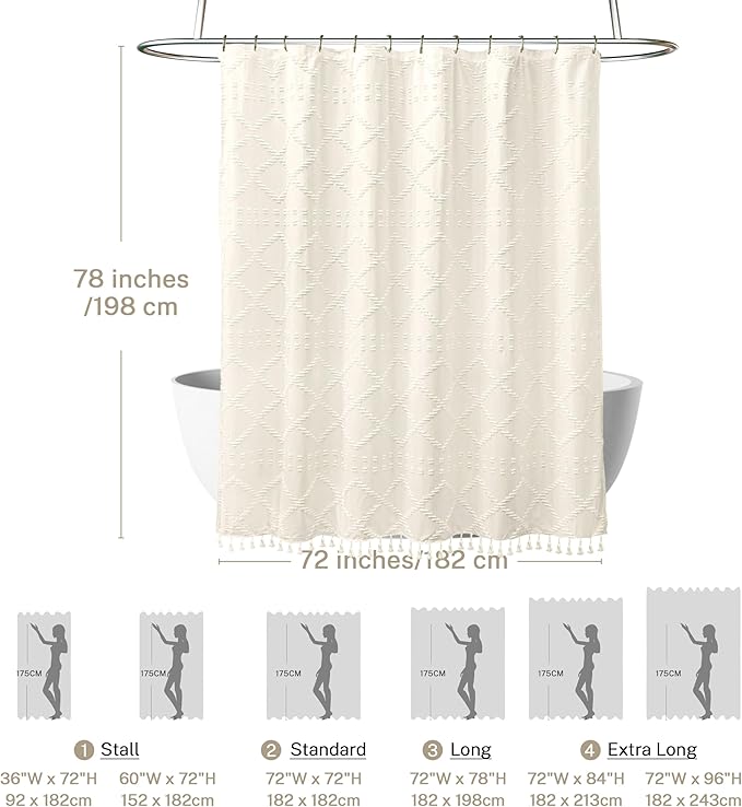 Siiluminisoy Extra Long Cream Boho Shower Curtain, 72 x 78 Tufted Chevron Textured Striped Modern Farmhouse Minimalist Woven Fabric for Bathroom