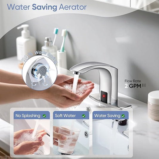 Automatic Touchless Bathroom Sink Faucet Sensor Motion Activated Commercial Faucets Hands Free Infrared Residential Elegant Basin Tap with Deck Plate Water Mixer Valve Control Box (Chrome)