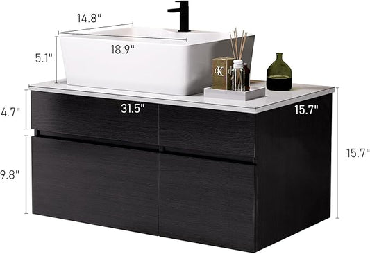 32" Modern Black Bathroom Vanity Sink Set Wall-Mounted Bathroom Vanities with Above Ceramic Sink 32 inch Floating Wood Bathroom Sink Cabinet with 1 Drawers and 2 Storage Cabinets