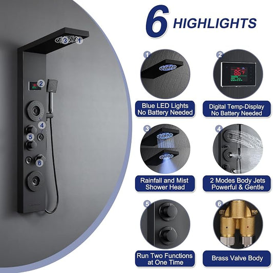 ROVATE 6-in-1 LED Rainfall Mist Shower Panel Tower System, Matte Black | No Battery Needed Shower Column with Digital Temperature Display, 2-Setting Massage Body Jets, Flexible Handheld, Tub Spout