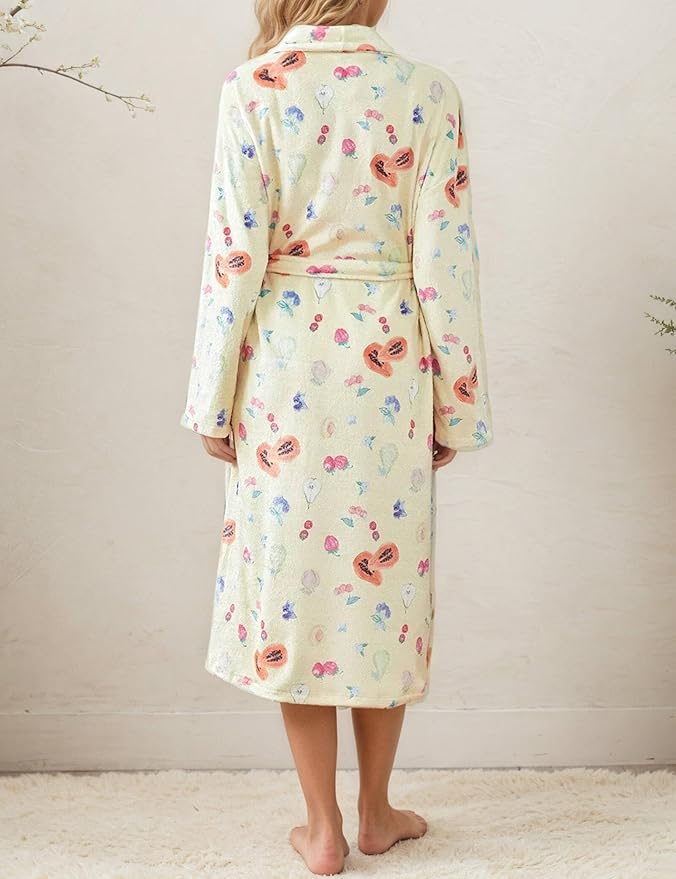 Women Fleece Fruit Print Robe Cute Robes for Women Spring Summer Lightweight Bathrobe Soft Flannel Gown with Belt