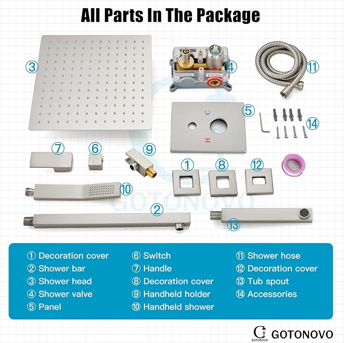 gotonovo Bathtub Shower Faucet Set, 10 Inch Shower Head, Brushed Nickel | Wall Mounted Shower System with Tub Spout for Bathroom, Square High Pressure Rain Shower head with Handheld Spray, All Metal
