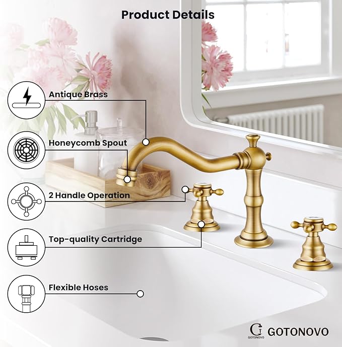 gotonovo Bathroom Faucet 3 Hole 8 Inch Widespread Bathroom Sink Faucet 2 Cross Handles Vintage Lavatory Vanity Mixer Tap with Pop Up Drain, Round Font Label, Antique Brass