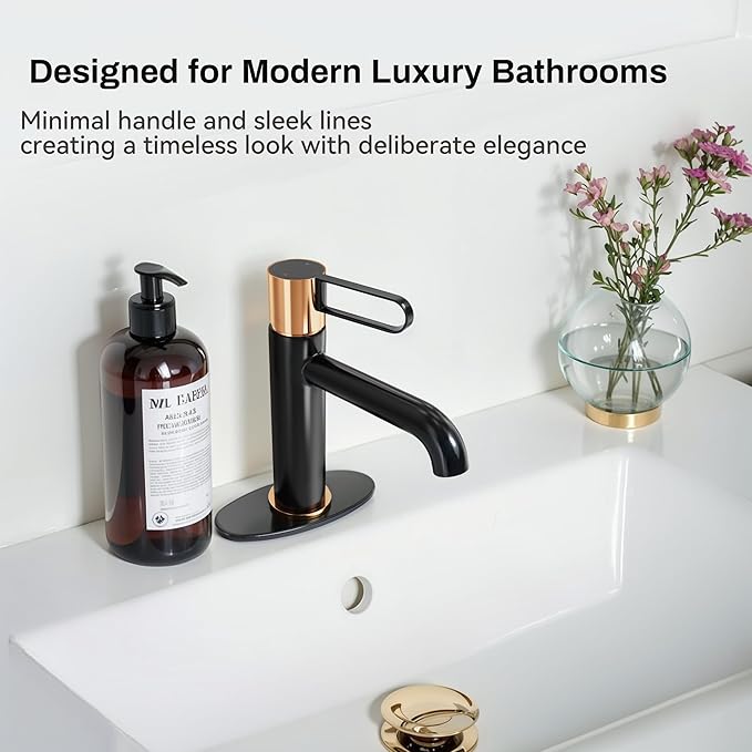 Single Handle Bathroom Faucet for 1 or 3 Hole with Deck Plate, Durable Brass Body, Leak-Free Cartridge, Hot/Cold Water Mixer, Easy Install, Luxury Matte Black Sink Faucet Single Hole for Vessel Vanity