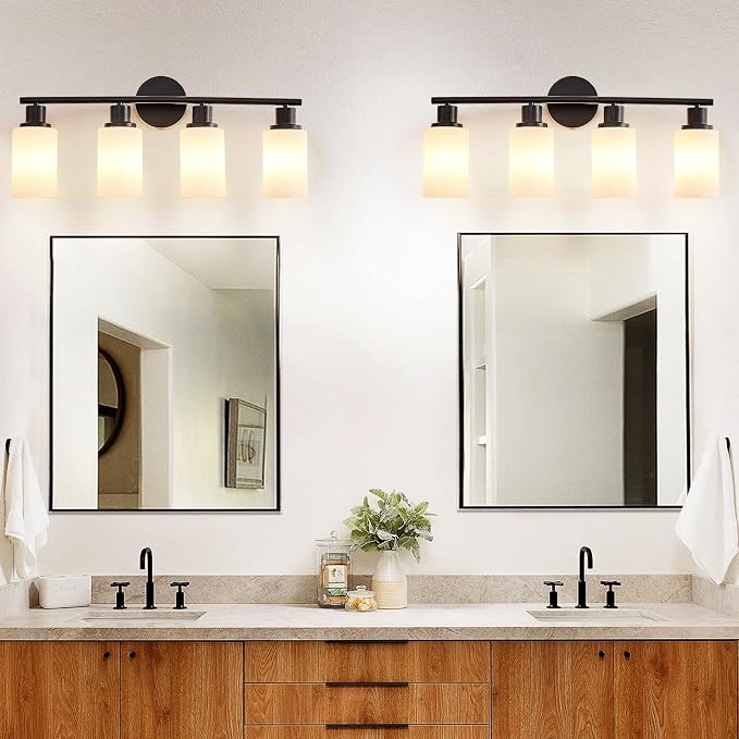 DLLT 4-Light Bathroom Light Fixtures: Black Modern Vanity Lights with E26 Bulbs - Milky White Glass Shade Bathroom Wall Lamp for Mirror Kitchen Living Room Hallway Cabinet Porch
