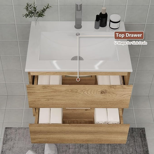 Wall-Mounted Bathroom Vanity with 2 Soft-Close Drawers – Moisture-Resistant MDF, Space-Saving Design for Modern Bathrooms (Nature Without Sink, 30)