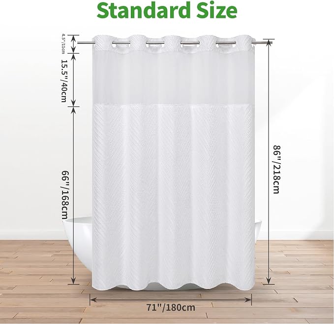 eachope Extra Long No Hook Shower Curtain and Liner Set,Boho Style with See Through Top Window, White Fabric Tufted Striped Textured Outer Curtain with Snap in Liner, White, 71Wx86H