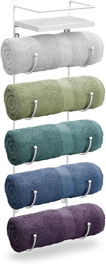 Sorbus Bathroom Towel Holder - 5 Tier Metal Towel Rack with Wood Shelf for Rolled Bath Towels, Washcloths, Linens, Hand Towels, Soaps & Accessories - Wall Mounted Towel Rack for Bathroom Towel Storage