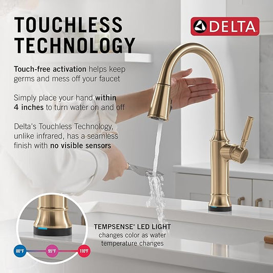 Delta Faucet Renaldi Touchless Kitchen Faucet with Touch Technology, Gold Kitchen Sink Faucet, Delta ProClean Kitchen Faucet, Pull Down Kitchen Faucet, Lumicoat Champagne Bronze 9184TL-CZ-PR-DST