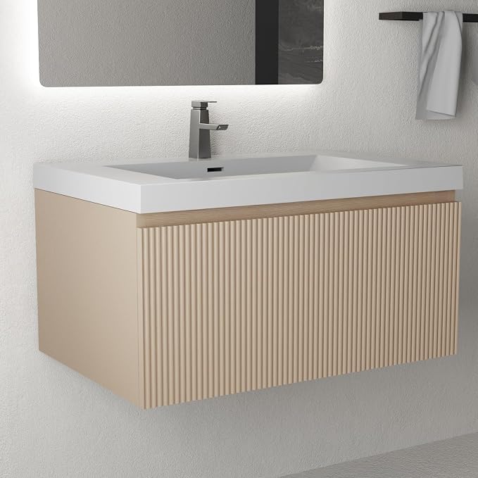 30 Inch Floating Bathroom Vanity with Sink, Wall-Mounted Striped Storage Cabinet with Soft-Close Drawer, Glossy White Solid Surface Basin, Fully Assembled, Natural Oak Finish