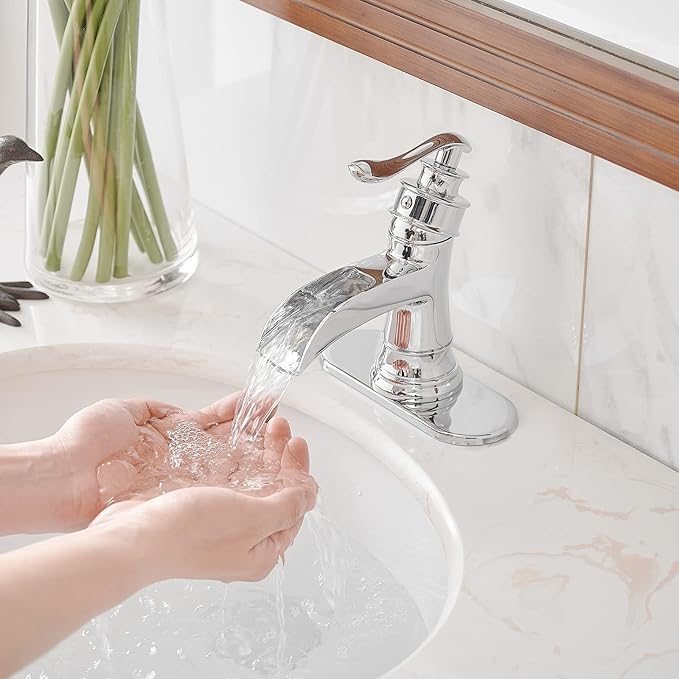 BWE Bathroom Faucet Chrome Waterfall Sink Bath Faucets Single Handle Hole Lavatory Vanity Restroom Commercial Water Supply Lines Hose