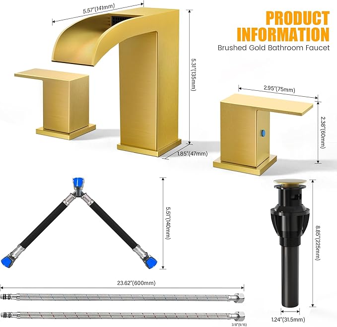 Waterfall Faucets for Sink 3 Hole - Gold Waterfall Bathroom Faucet 8 Inch Widespread Faucet Bathroom 2-Handles Modern Vanity Faucets with Overflow Pop Up Drain Supply Lines