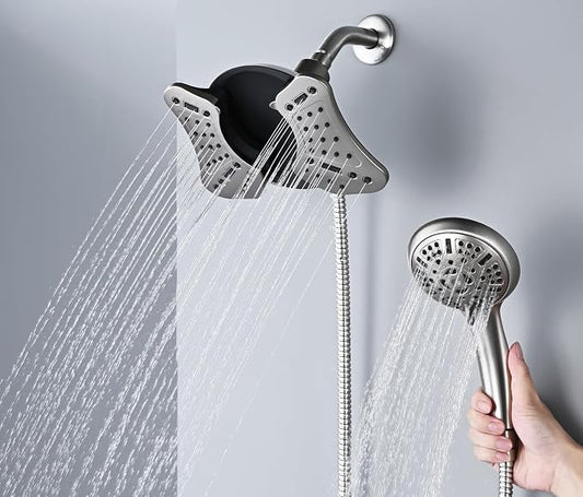 GRICH Shower Head with Handheld Spray - Dual High Pressure Showerhead | Rainfall Shower Heads Combo, Detachable Hand Shower, 9 Spray Settings, 60" Stainless Steel Shower Hose, 1.8GPM, Nickel