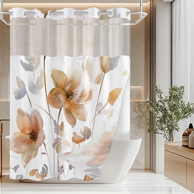 No Hook Shower Curtain and Liner Set, Orange Boho Floral 71x74 | Watercolor Boho Flower, with Snap in Liner, Waterproof, Machine Washable, Quick-Drying, for Hotel Bathroom