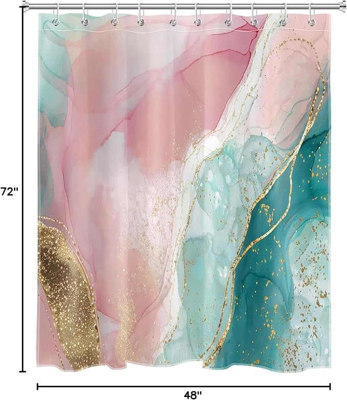 HVEST Pink and Gold Marble Small Shower Curtain for Bathroom Decor, Green Abstract Marble Luxury Textured Long Shower Curtain Modern Minimalist Shower Curtain with Hooks, 72L X 48W inches