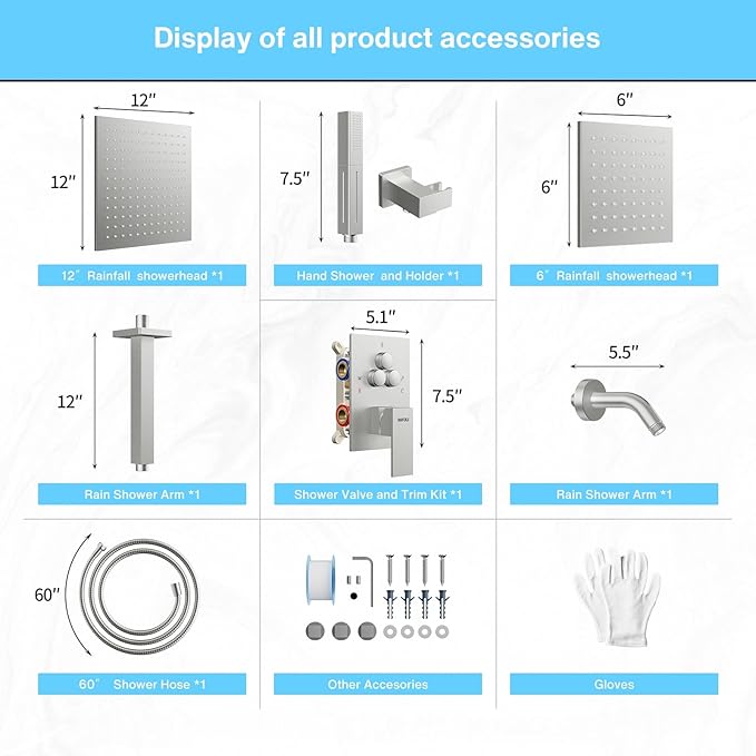 VANFOXLE Rain Shower System Brushed Nickel Shower Faucet Set, High Pressure | Push Button Diverter, 12 Inch Ceiling Mount Rain Head Increased Thick, 6 Inch Side Head, 2-in-1 Handheld Sprayer