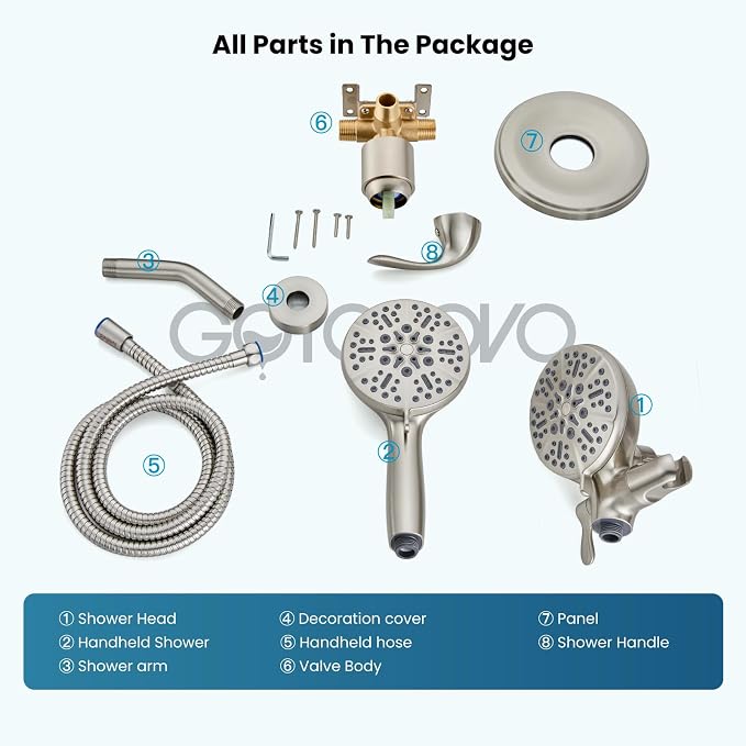 gotonovo Dual Shower Head with Valve 6 Mode Handheld Spray Brushed Nickel | 6 Mode ABS Rain Head with Handheld Spray,2 in 1 Bathroom Trim Kit,Shower Head and Handle Set,Brass Rough-in Valve,Wall Mount