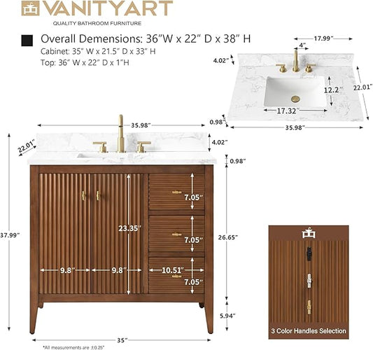 Vanity Art 36 inch Bathroom Vanity with Single Sink & Ceramic Top, Vanity Cabinet with Soft-Closing Door, Solid Wood Frame, Linear Pattern, Walnut, Golden Brushed Handware VA9136-Walnut-GB