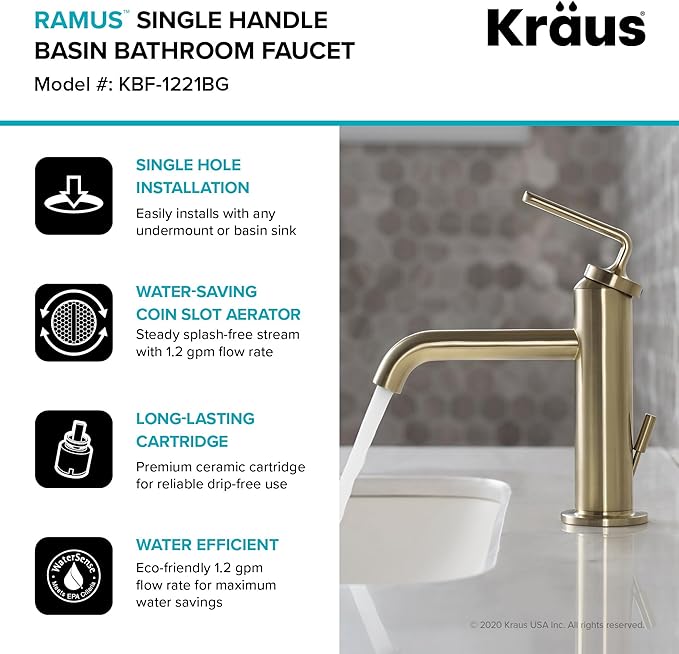 KRAUS Ramus Single Handle Bathroom Sink Faucet with Lift Rod Drain in Brushed Gold, KBF-1221BG