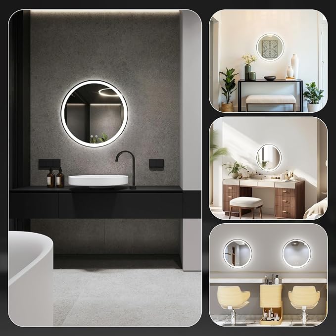 NEWBULIG 24'' Round LED Bathroom Mirror with Lights, Circle Vanity Mirror | Anti-Fog, Dimmable, 3-Color Light, Front Light and Backlit, Memory Function, Tempered Glass