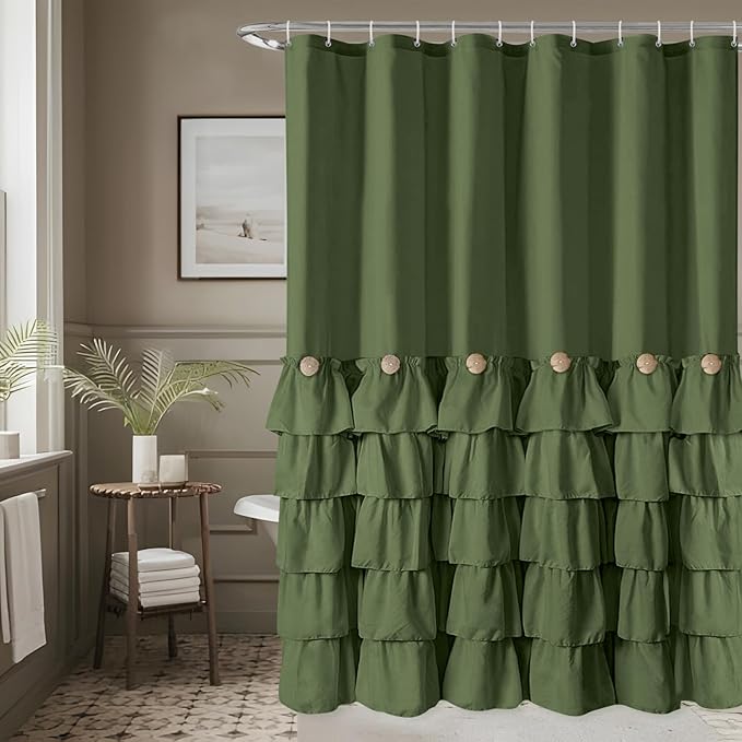 Seasonwood Green Ruffle Shower Curtain Farmhouse Shower Curtain 72 X 78 | Natural button accents, layered fabric tiers, shabby chic and French country styling for decorative bathroom updates