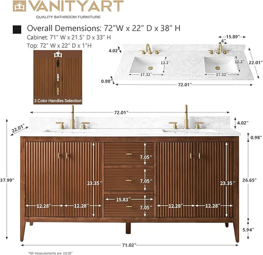 Vanity Art 72 inch Walnut Bathroom Vanity with Double Sink & Ceramic Top, Vanity Cabinet with Soft-Closing Door, Solid Wood Frame, Linear Pattern, Walnut, VA9172-DWalnut-MB,Matte Black Handles