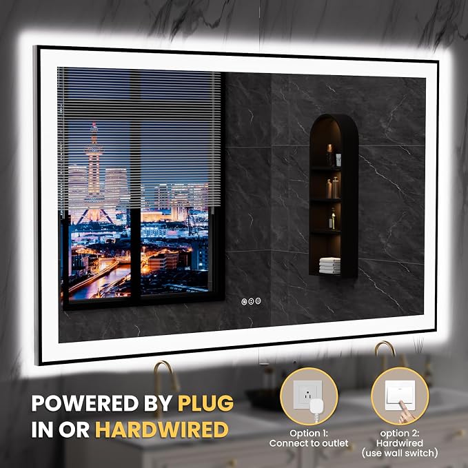 LOAAO 60"X36" LED Bathroom Mirror Black Framed | Anti-Fog, Dimmable, Memory Function, Tempered Glass, Lighted Vanity Mirror for Wall