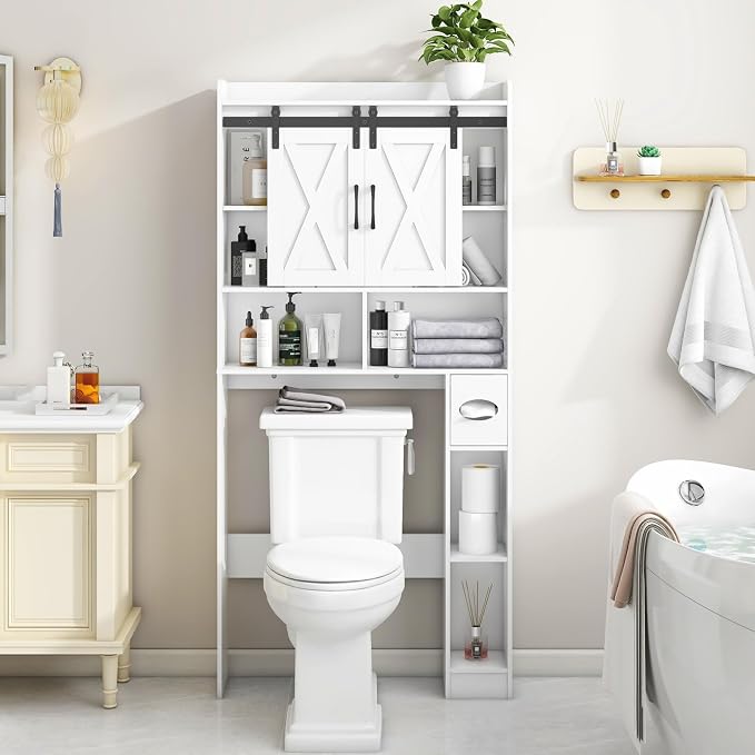 Vabches Over The Toilet Storage Cabinet with Sliding Doors, White | Farmhouse Storage Cabinet Over Toilet, Home Space-Saving Toilet Rack, Toilet Paper Holder Stand,for Restroom,Bathroom,Laundry