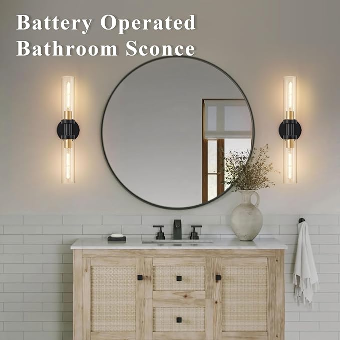 Battery Operated Wall Sconce Set of 2, 12000mAh Rechargeable Wall Lights with Remote Control, Wireless Dimmable Wall Lamps for Bedroom Living Room Bathroom Hallway Stairwell, Black & Gold