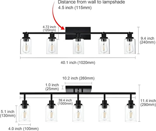 MELUCEE 5 Light Vanity Lights for Bathroom with Rotatable Light Head, Black Ceiling Light Fixture with Clear Glass Shade, Modern Spotlight Track Lighting Kit for Hallway Porch Foyer Bath