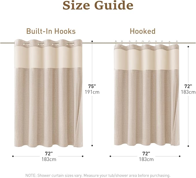 Tan Ringless Linen Textured Shower Curtain with Snap in Liner, 72x75 | 3 in 1 Hotel Shower Curtain Set, Removable Liner, Waterproof & Washable, Mesh Top Window, Durable Fabric, Easy to Install