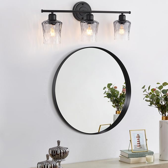 3-Light Bathroom Light Fixtures Black Vanity Light with Grey Glass Shade | Modxian Modern E26 Bathroom Wall light for Over Mirror, Kitchen, Hallway, Cabinet, Porch, Bedroom