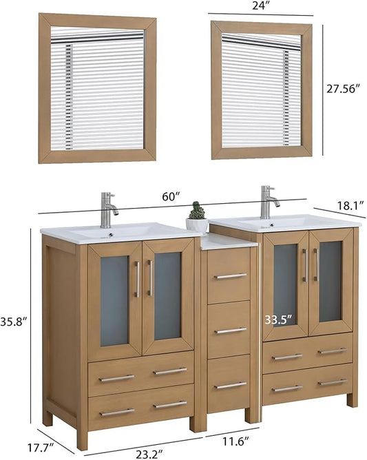 HOMEBEYOND 60 Inch Modern Bathroom Vanity with Sink & Mirror, Double Sink Vanity Cabinet with Basin and Mirror, Dove-Tailed Drawers, Soft-Closing Doors, Wood, Natural Oak