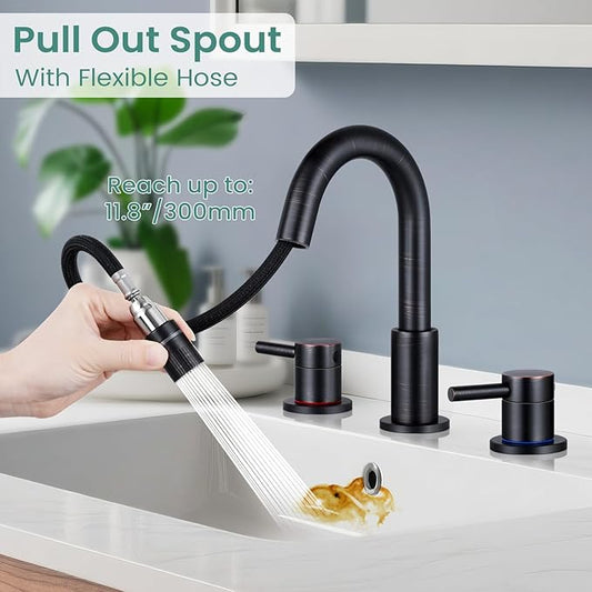 Oil Rubbed Bronze Bathroom Faucet 3 Hole with Pull Out Sprayer, Bathroom Sink Faucet with Pop Up Drain, 8 inch Widespread Faucet with 360Β° Swivel Spout, 2 Handle Vanity Faucet