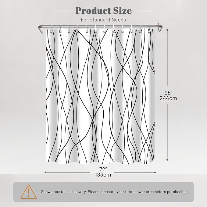 Striped Shower Curtain for Bathroom, White Black, 72" W x 96" L | with Hooks, Modern Hotel Style, Water Repellent, Washable, Weighted Hem