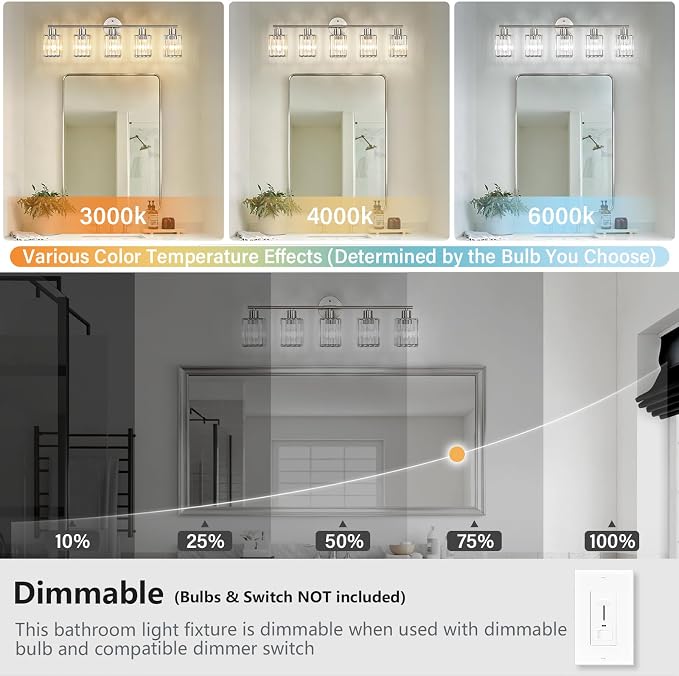 5 Light Bathroom Light Fixtures, Modern Crystal Vanity Lights over Mirror | Metal Frame, Bathroom Light with Square Crystal Shade, ETL Certified, E26 Ceramic Socket, Bulbs Not Included