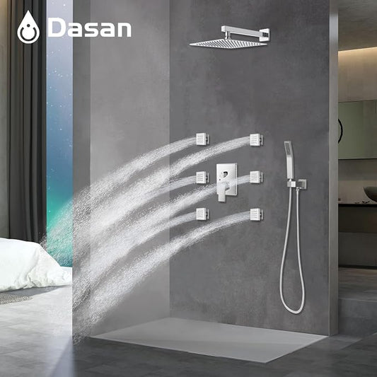 DASAN Full Body Shower System with 6 PCS Body Spray Jets & 12'' Rain Overhead Shower & Handheld, In Wall Rain Shower System Polished Chrome Shower Faucets Sets Complete with Valve, SA-SS03ACH-S12W