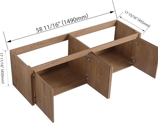 60" Floating Bathroom Vanity,60 Inch Bathroom Vanity Without Top Sink,Modern Floating Vanity Cabinet,Brown Wall Mounted Cabinet with Soft Closing Doors,Plywood(Sink Basin Not Included)