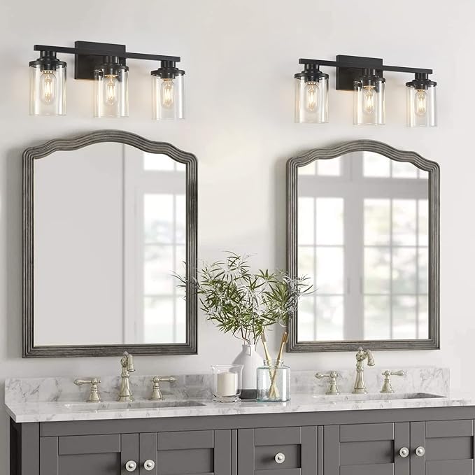 3 Light Black Bathroom Vanity Light Fixtures with Clear Glass Shade, Modern Wall Sconces Lighting for Bathroom Over Mirror