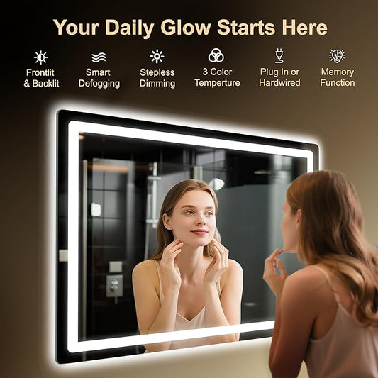 LED Bathroom Mirror, 30"x40" Bathroom Vanity Mirror with Lights for Wall, Smart Anti-Fog, Stepless Dimmable with 3 Color Mode, Backlit + Front Lit, Memory Function, ETL Listed