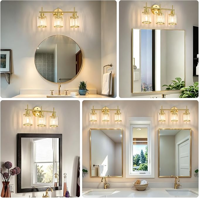 Brushed Gold Bathroom Light Fixtures, Round, 3-Light | Vanity Lights with Crystal Shades, Modern Bathroom Lighting Fixtures over Mirror (Bulbs Not Included, E26)
