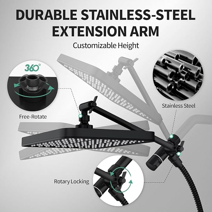 12 Inch Wide Rain Shower Head with Filtered Handheld Combo, High Pressure Rainfall Shower Head, 9 Spray Modes Handheld with 9-Inch Extension Arm, Comes with Filter Removes Chlorine(Black)