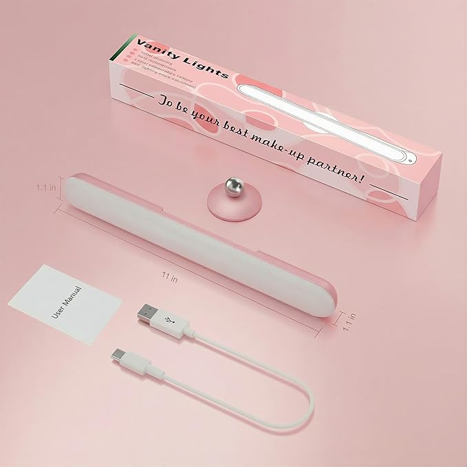 Benreom Wireless Vanity Light for Mirror, Rechargeable LED Bar, Pink | Adjustable Color, Brightness and Angle with Magnetic Stick-On Design for Makeup Mirrors and Renter-Friendly Decor